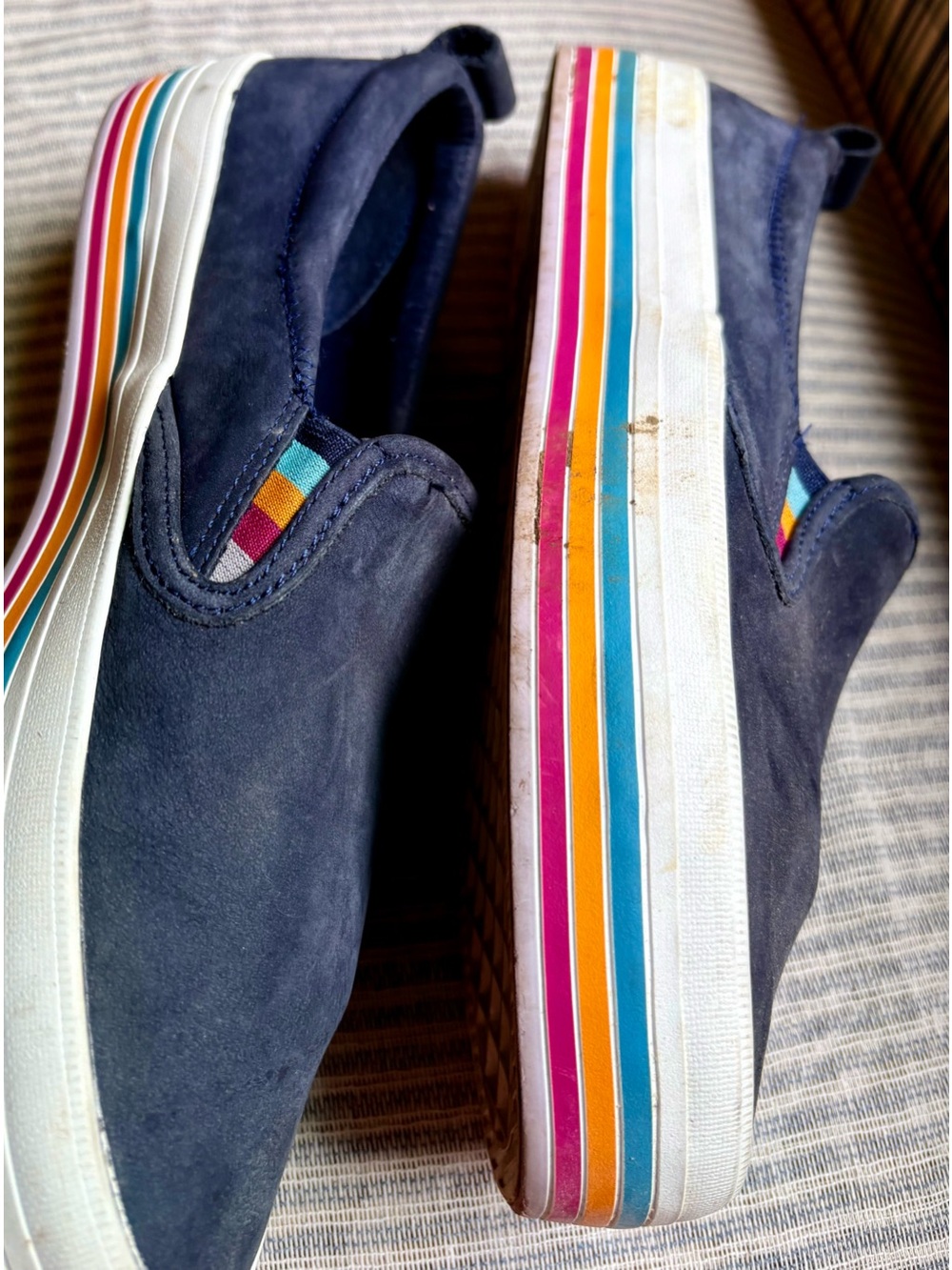 Sperry Navy Suede Slip-On Sneakers with Rainbow Stripe detail